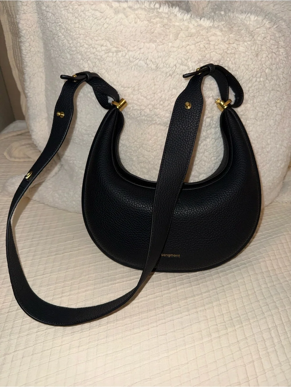 Songmont Luna Black Pebble Leather Crescent Shoulder Bag with Gold Hardware
